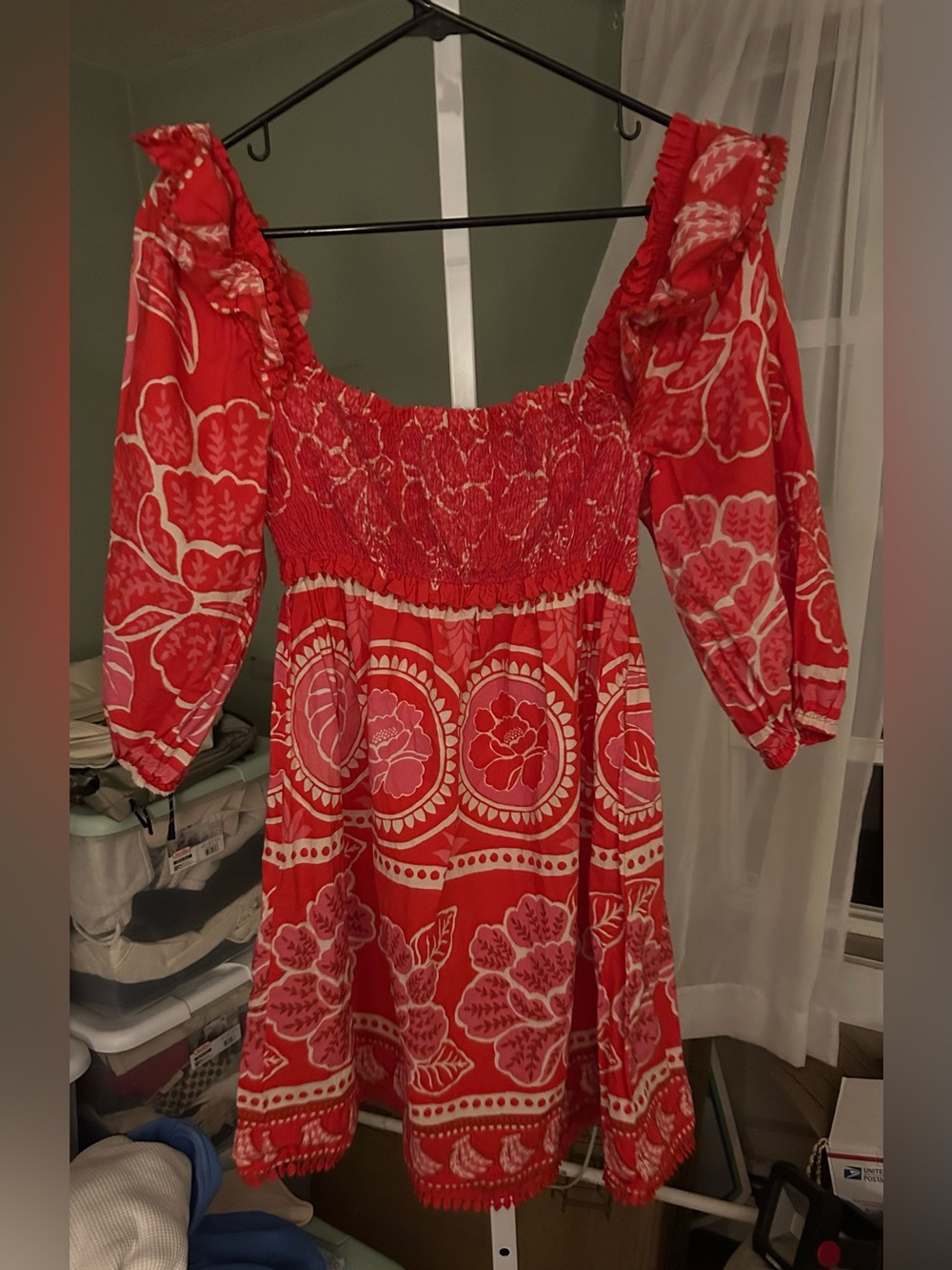 Farm Rio Red Dress with elastic top & Puffed Sleeves